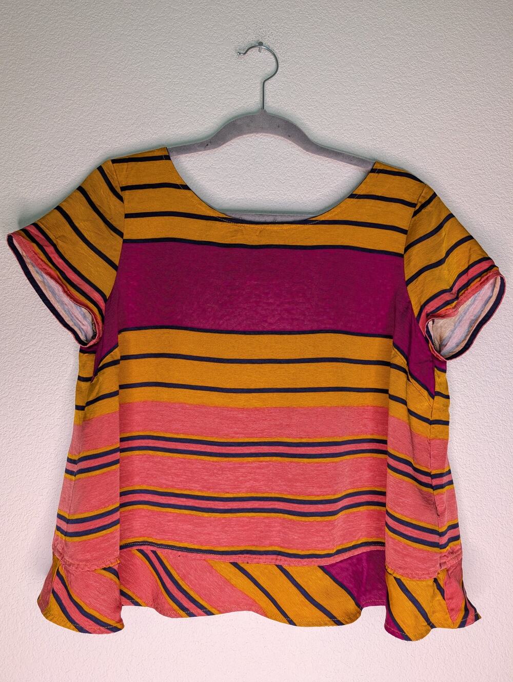 Anthropologie Maeve Womens Striped Ruffle Blouse 10 Crossback Unique Bright Chic